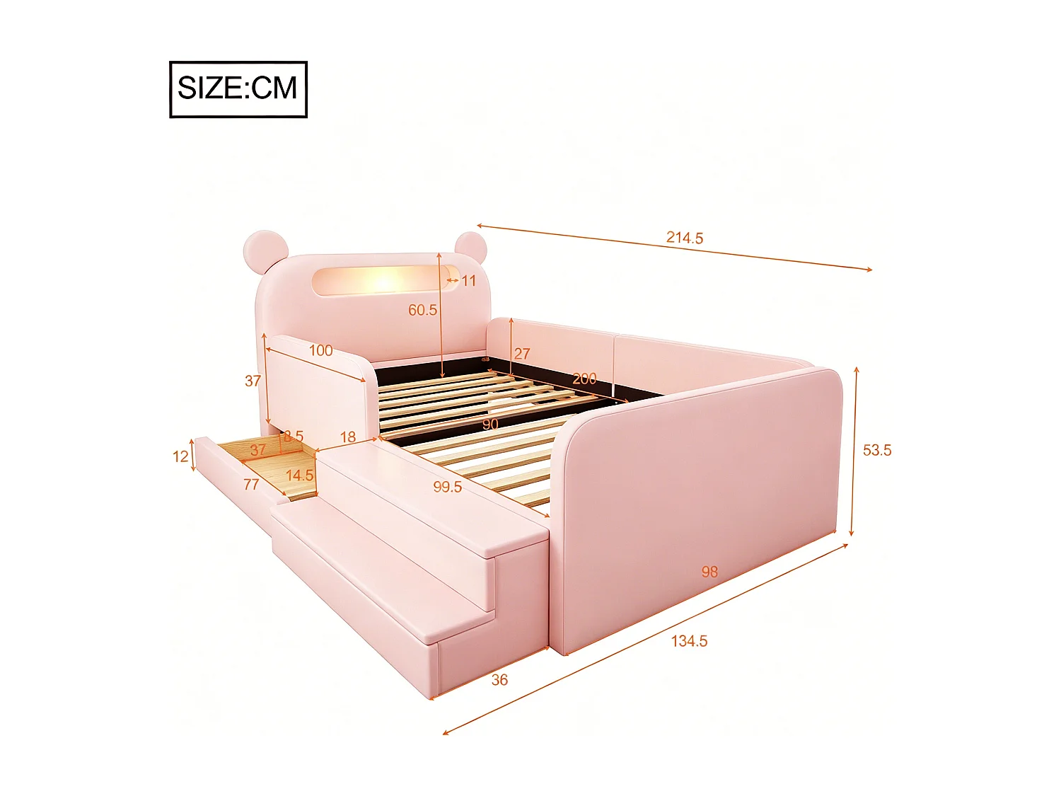Lit enfant capitonné 90 x 200 cm - avec tête de lit ours - avec lumière - avec port de chargement USB - rose (matelas non inclus)