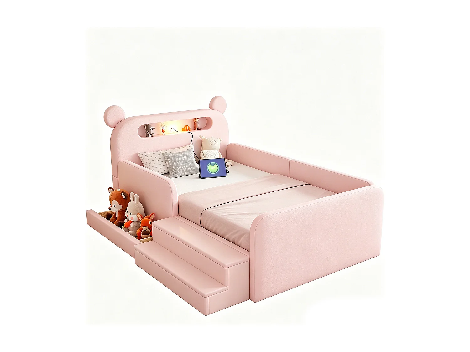 Lit enfant capitonné 90 x 200 cm - avec tête de lit ours - avec lumière - avec port de chargement USB - rose (matelas non inclus)