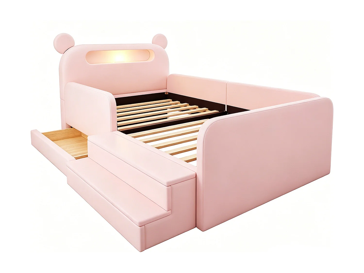 Lit enfant capitonné 90 x 200 cm - avec tête de lit ours - avec lumière - avec port de chargement USB - rose (matelas non inclus)