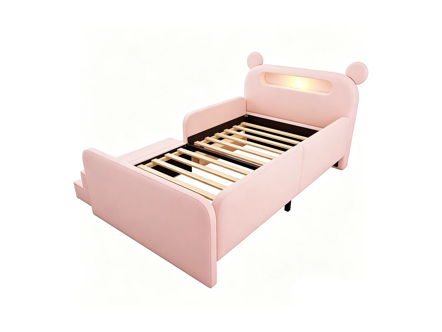 Lit enfant capitonné 90 x 200 cm - avec tête de lit ours - avec lumière - avec port de chargement USB - rose (matelas non inclus)