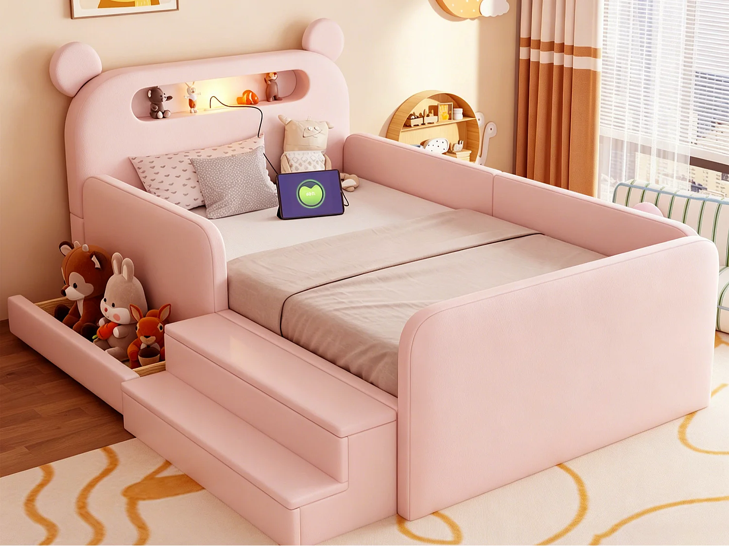 Lit enfant capitonné 90 x 200 cm - avec tête de lit ours - avec lumière - avec port de chargement USB - rose (matelas non inclus)
