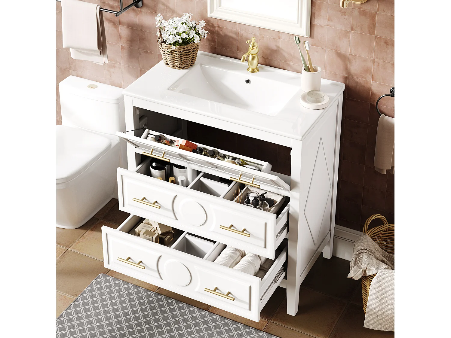 Mobile bagno con piedi 81cm con lavabo in ceramica, 3 cassetti retrò (1 a ribalta), soft-close - bianco