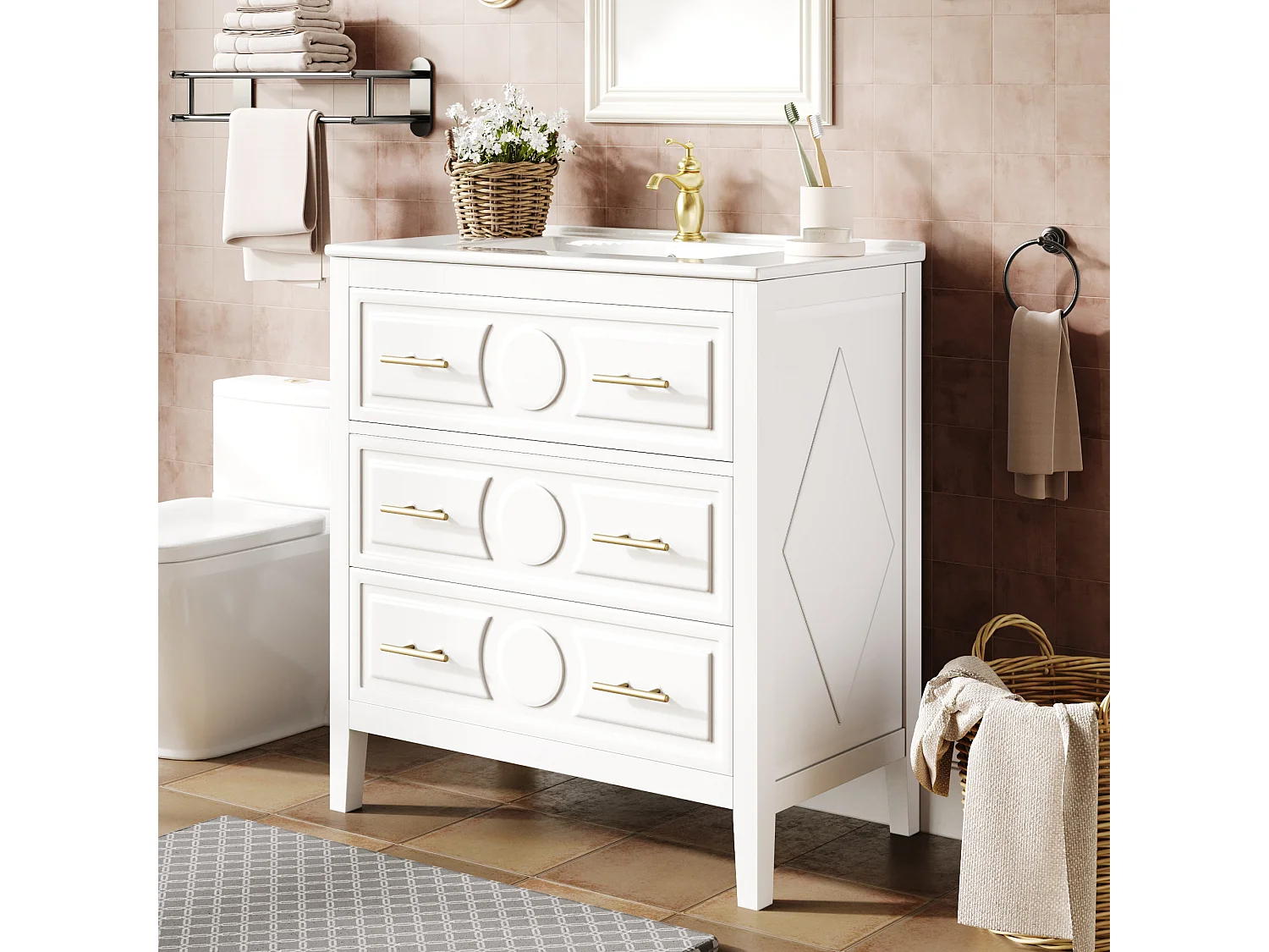 Mobile bagno con piedi 81cm con lavabo in ceramica, 3 cassetti retrò (1 a ribalta), soft-close - bianco