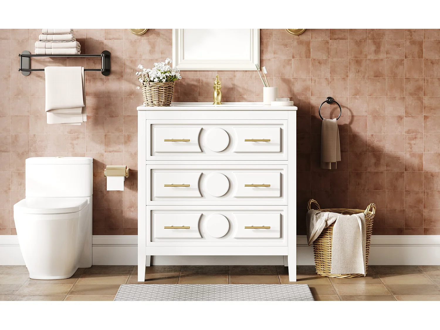 Mobile bagno con piedi 81cm con lavabo in ceramica, 3 cassetti retrò (1 a ribalta), soft-close - bianco