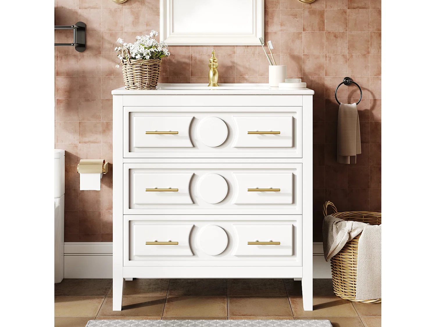 Mobile bagno con piedi 81cm con lavabo in ceramica, 3 cassetti retrò (1 a ribalta), soft-close - bianco