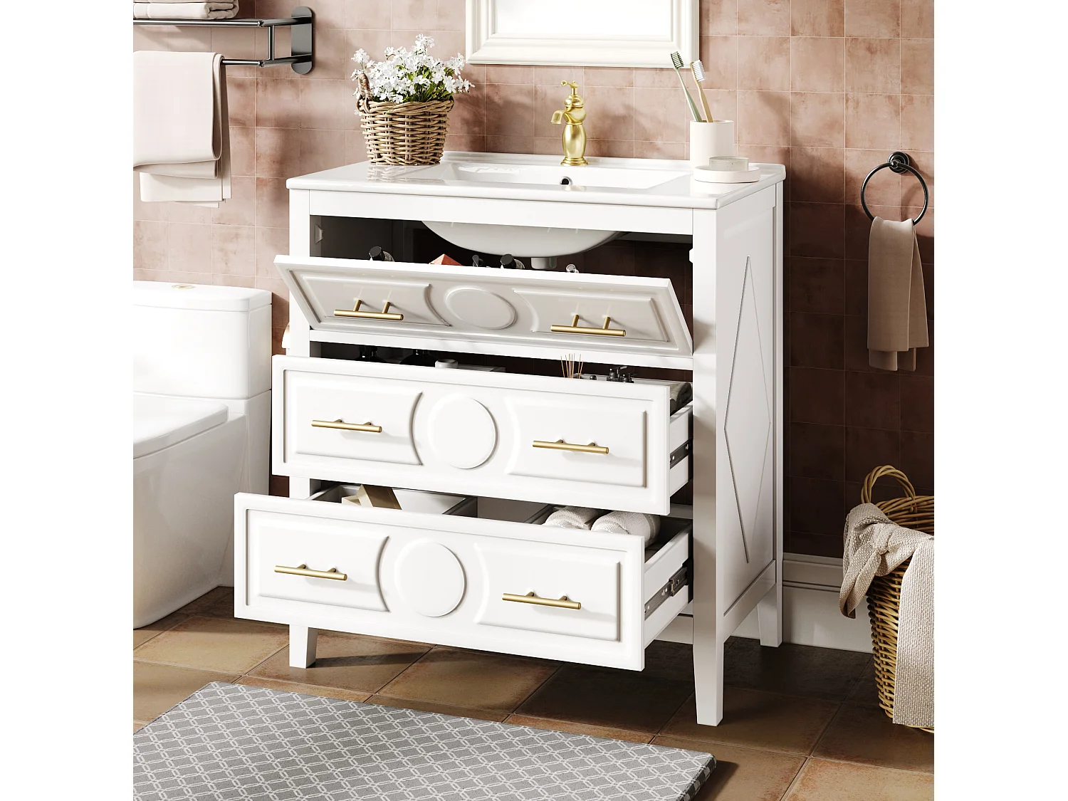 Mobile bagno con piedi 81cm con lavabo in ceramica, 3 cassetti retrò (1 a ribalta), soft-close - bianco