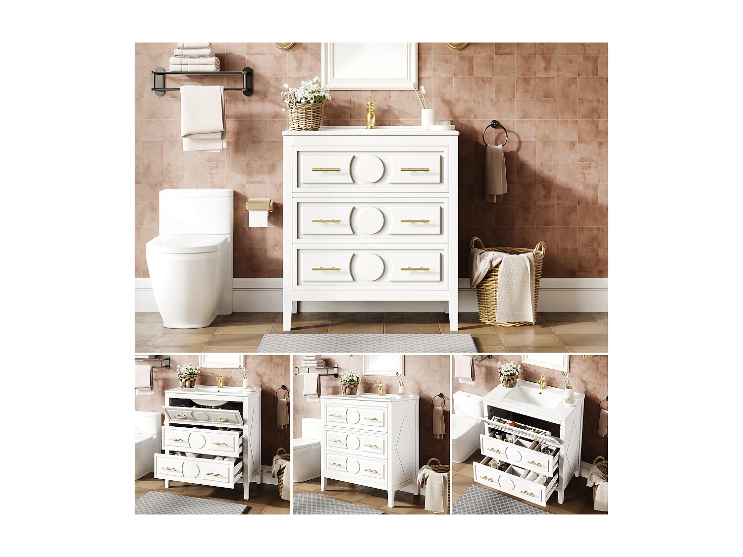 Mobile bagno con piedi 81cm con lavabo in ceramica, 3 cassetti retrò (1 a ribalta), soft-close - bianco