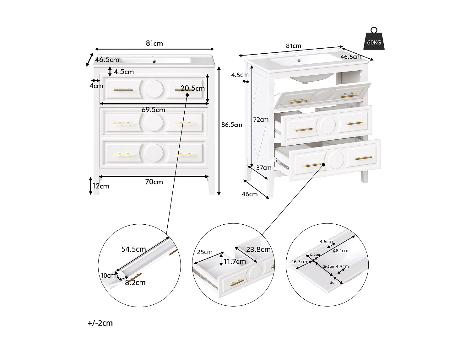 Mobile bagno con piedi 81cm con lavabo in ceramica, 3 cassetti retrò (1 a ribalta), soft-close - bianco