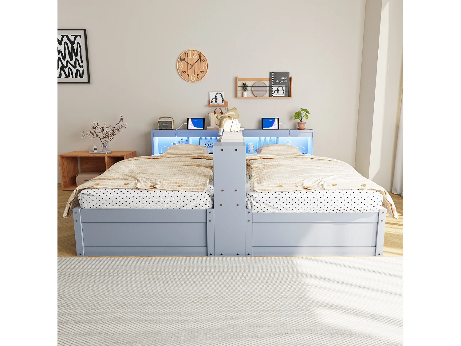 Sofa rozkładana z pojemnikiem 90 x 200 lub 180 x 200 cm - z gniazdkiem elektrycznym - przegrody do przechowywania - z oświetleniem LED - szary
