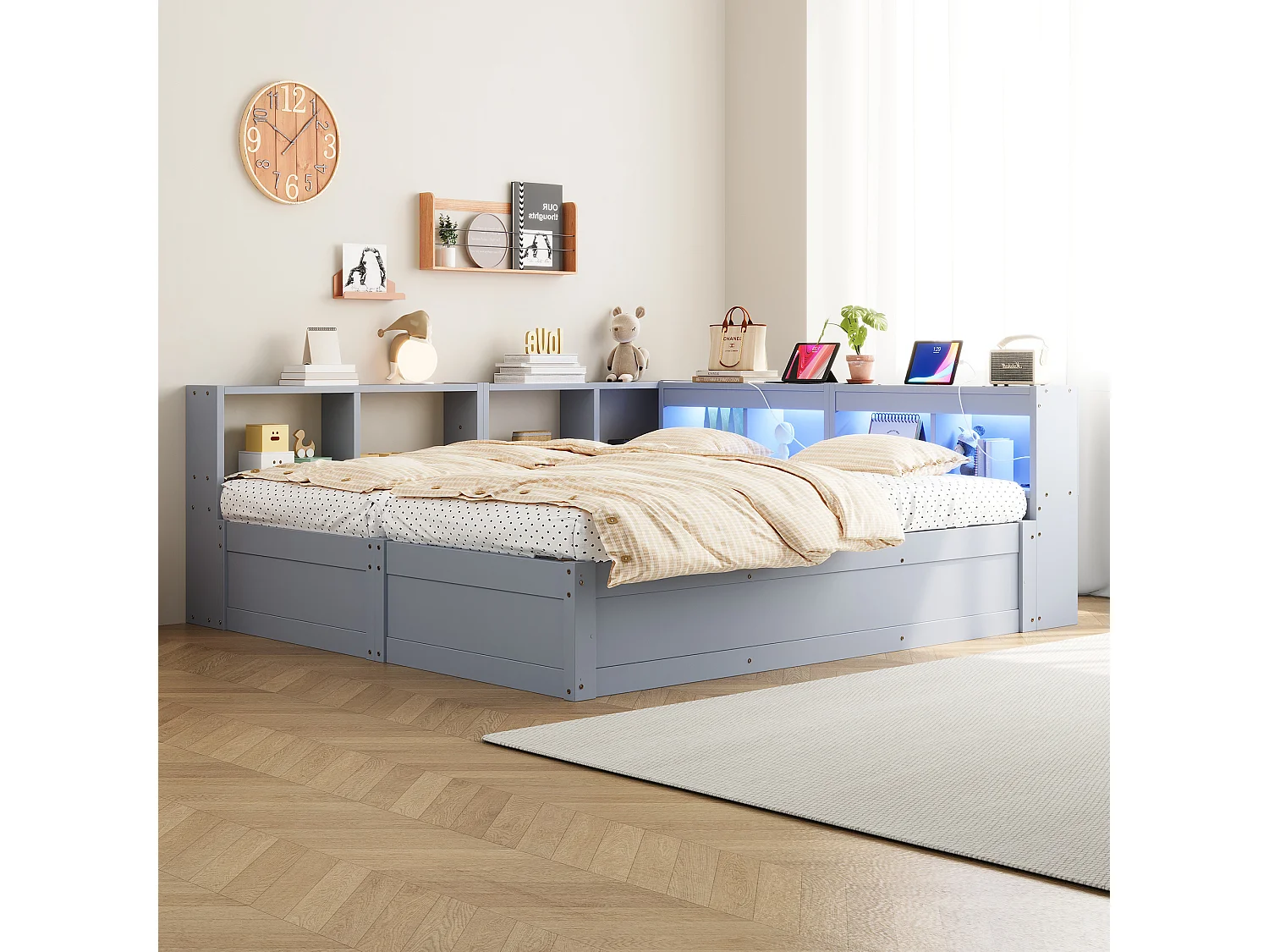 Sofa rozkładana z pojemnikiem 90 x 200 lub 180 x 200 cm - z gniazdkiem elektrycznym - przegrody do przechowywania - z oświetleniem LED - szary