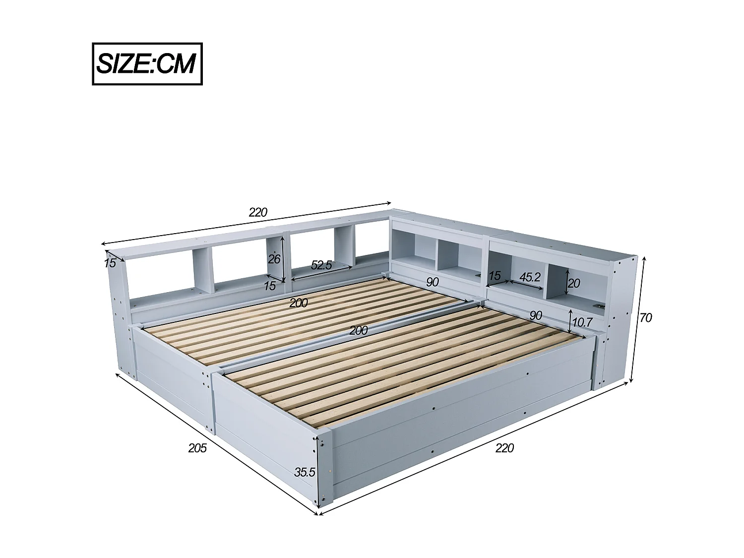 Sofa rozkładana z pojemnikiem 90 x 200 lub 180 x 200 cm - z gniazdkiem elektrycznym - przegrody do przechowywania - z oświetleniem LED - szary
