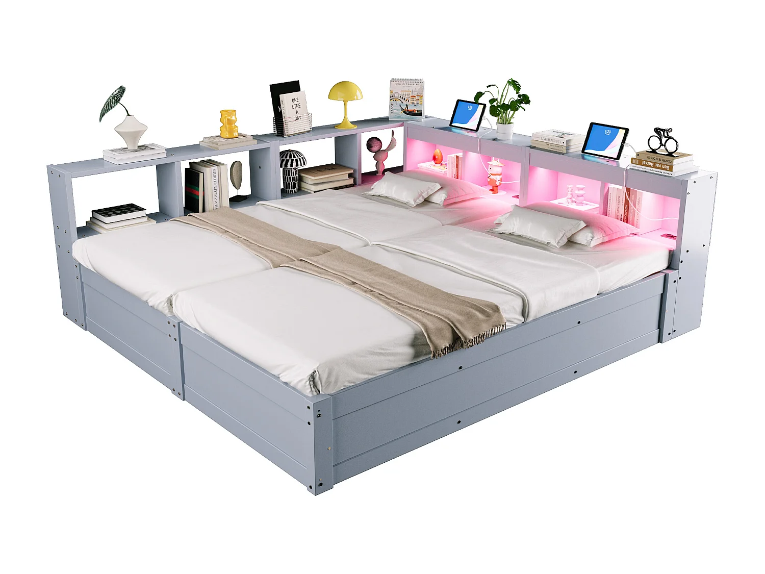 Sofa rozkładana z pojemnikiem 90 x 200 lub 180 x 200 cm - z gniazdkiem elektrycznym - przegrody do przechowywania - z oświetleniem LED - szary