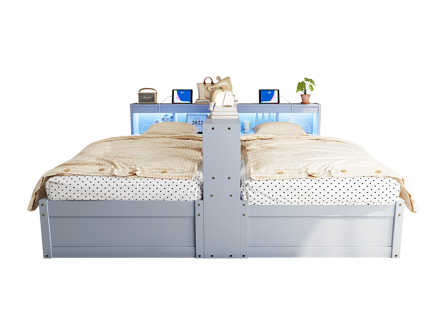 Sofa rozkładana z pojemnikiem 90 x 200 lub 180 x 200 cm - z gniazdkiem elektrycznym - przegrody do przechowywania - z oświetleniem LED - szary