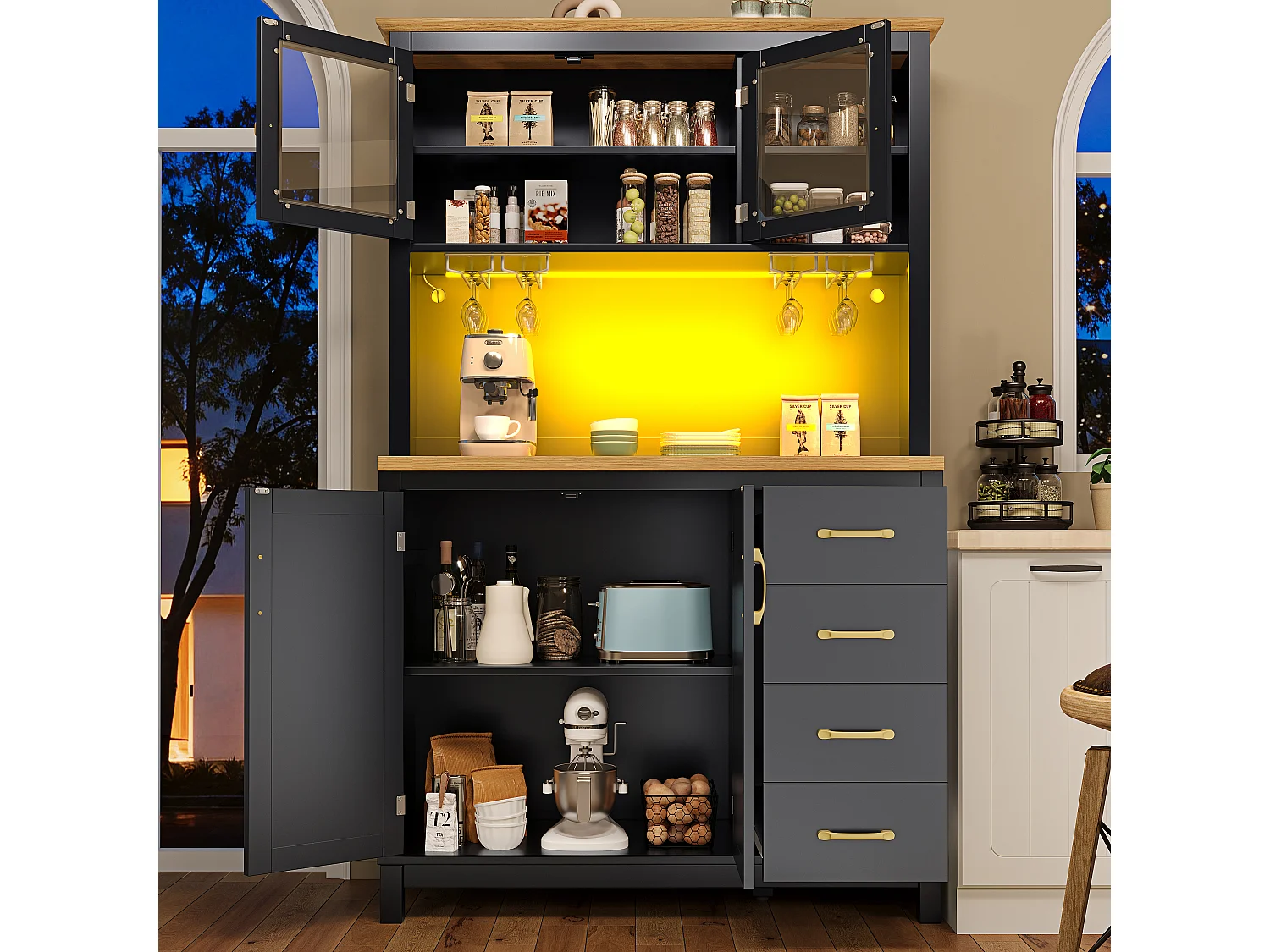 Buffet de Cuisine 105.5x180cm avec LED , Support Boissons, 4 Portes et Grain de Bois Oblique - Noir