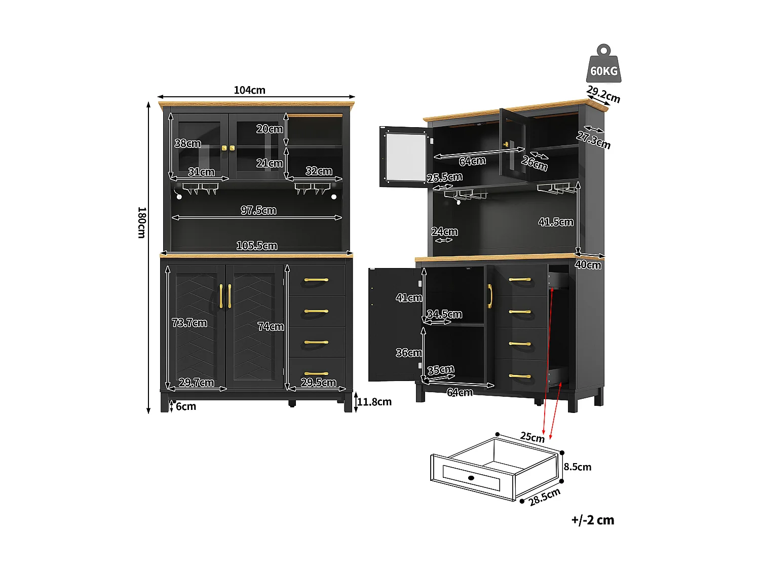 Buffet de Cuisine 105.5x180cm avec LED , Support Boissons, 4 Portes et Grain de Bois Oblique - Noir