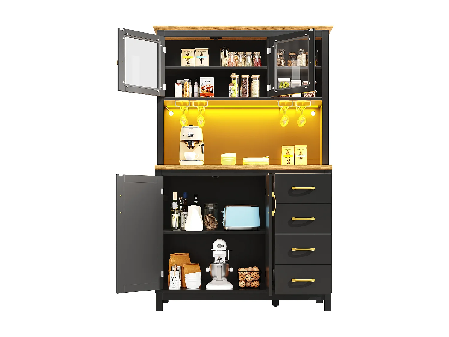 Buffet de Cuisine 105.5x180cm avec LED , Support Boissons, 4 Portes et Grain de Bois Oblique - Noir