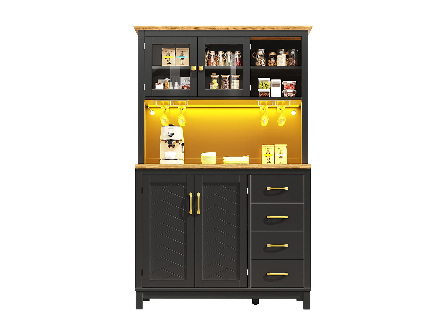 Buffet de Cuisine 105.5x180cm avec LED , Support Boissons, 4 Portes et Grain de Bois Oblique - Noir