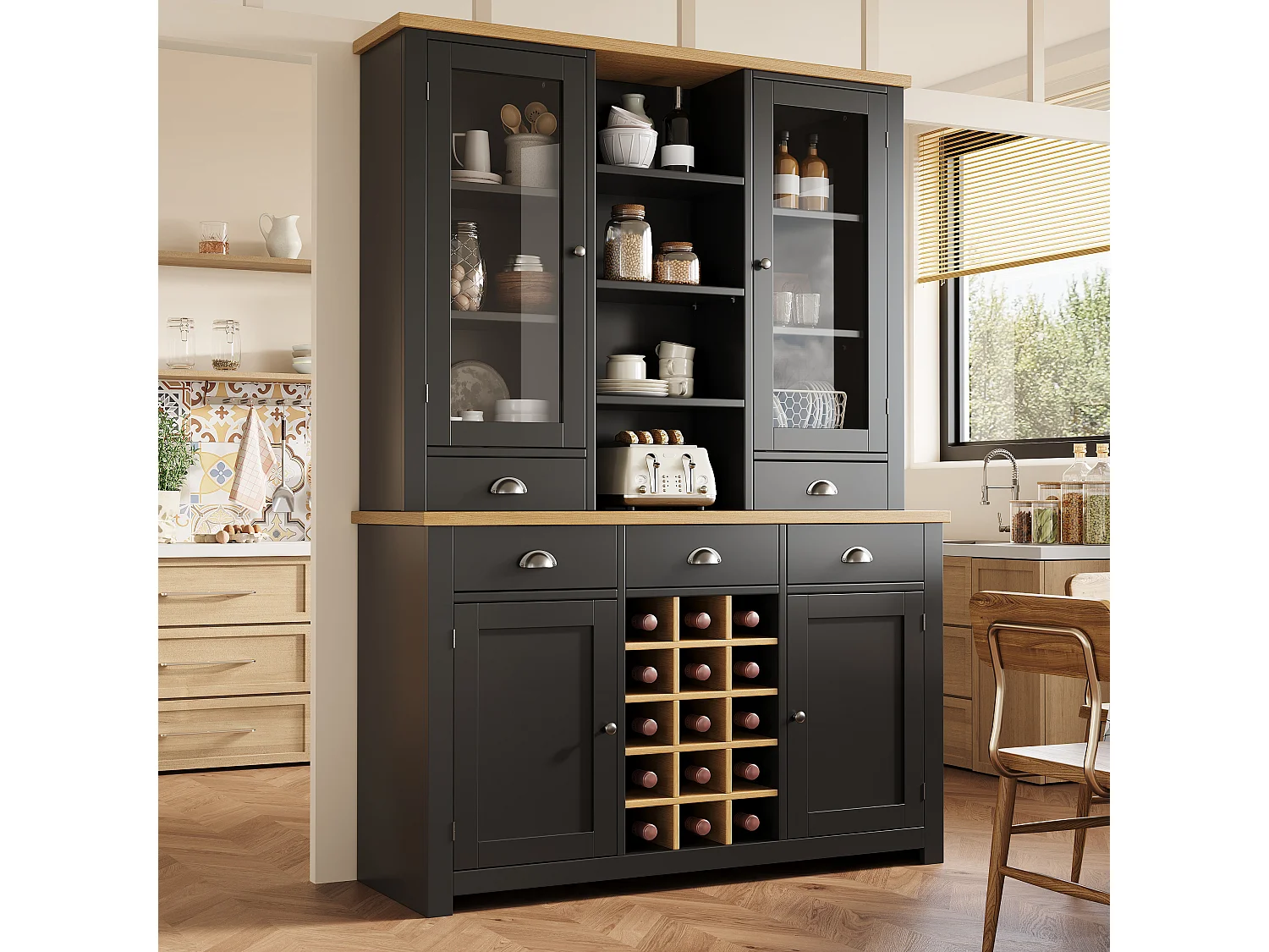 Credenza da cucina 120x185cm con 5 cassetti e portabottiglie rimovibile, armadio alto con anta in vetro - nero