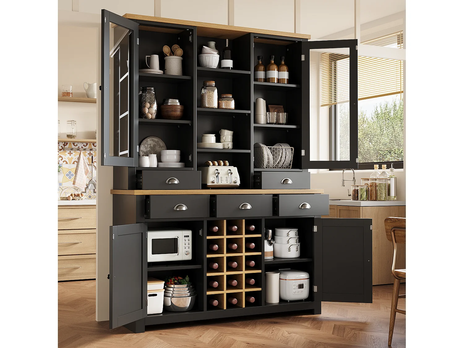 Credenza da cucina 120x185cm con 5 cassetti e portabottiglie rimovibile, armadio alto con anta in vetro - nero