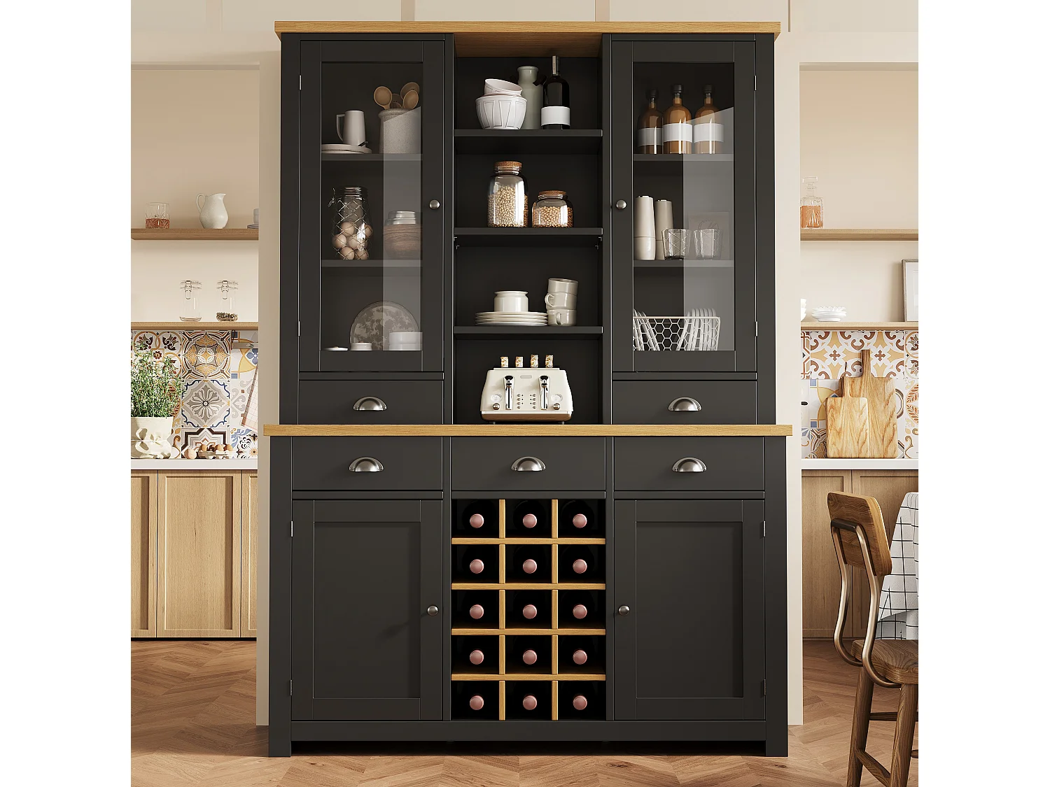 Credenza da cucina 120x185cm con 5 cassetti e portabottiglie rimovibile, armadio alto con anta in vetro - nero