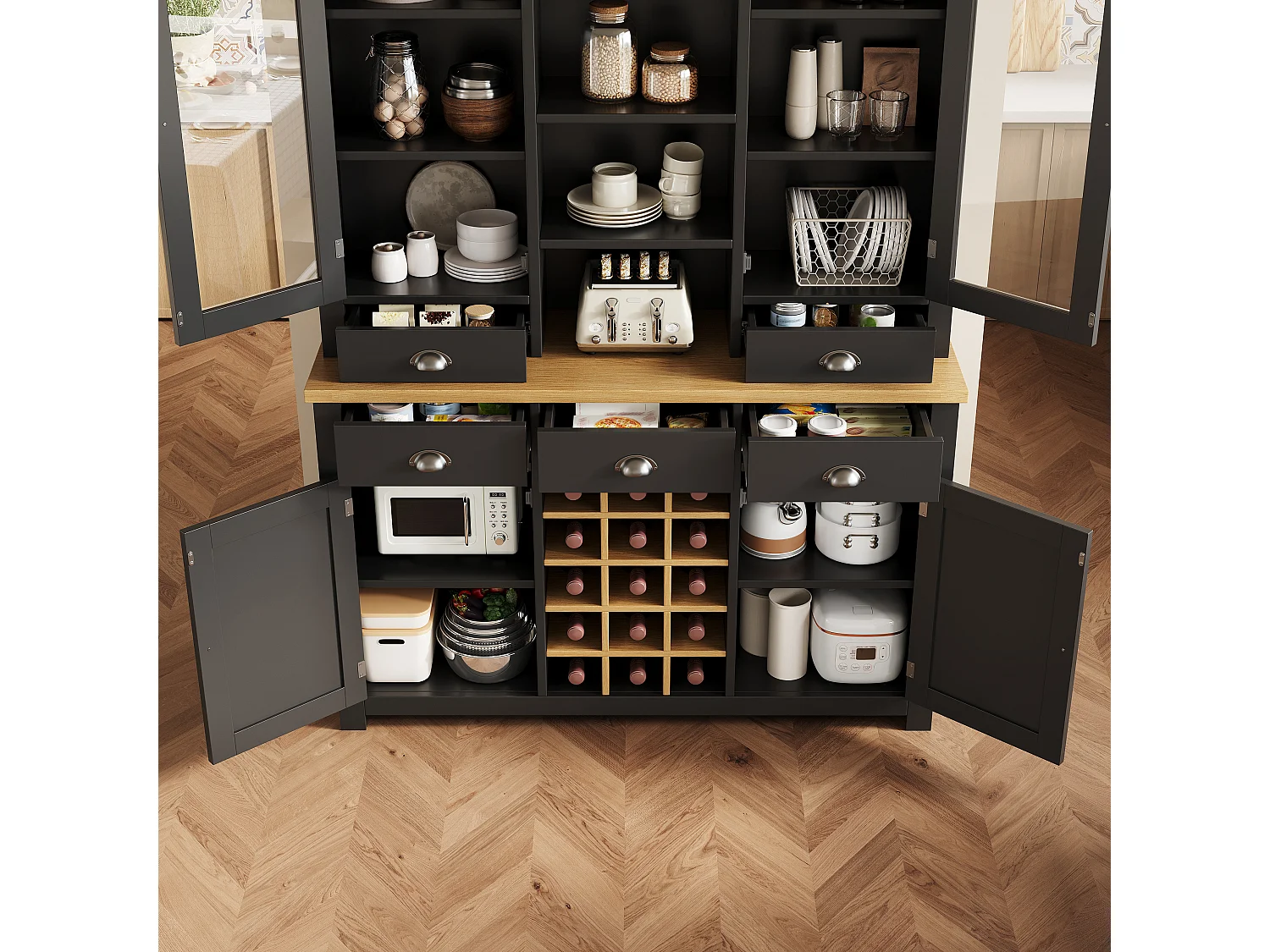 Credenza da cucina 120x185cm con 5 cassetti e portabottiglie rimovibile, armadio alto con anta in vetro - nero