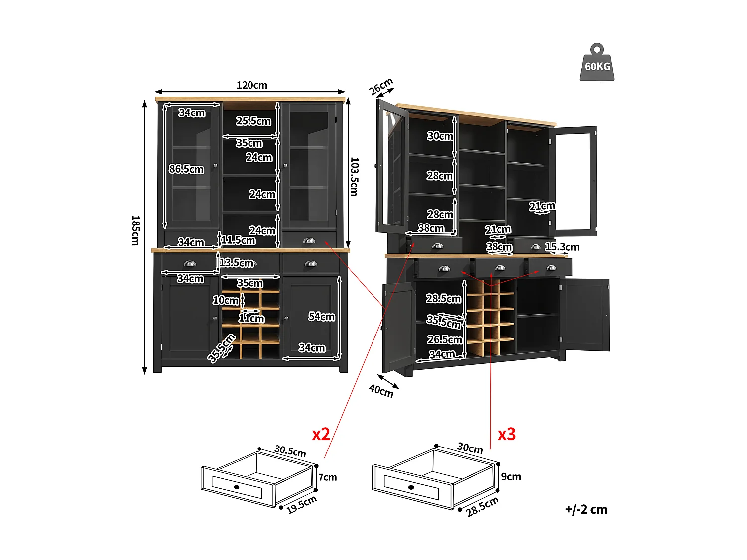 Credenza da cucina 120x185cm con 5 cassetti e portabottiglie rimovibile, armadio alto con anta in vetro - nero