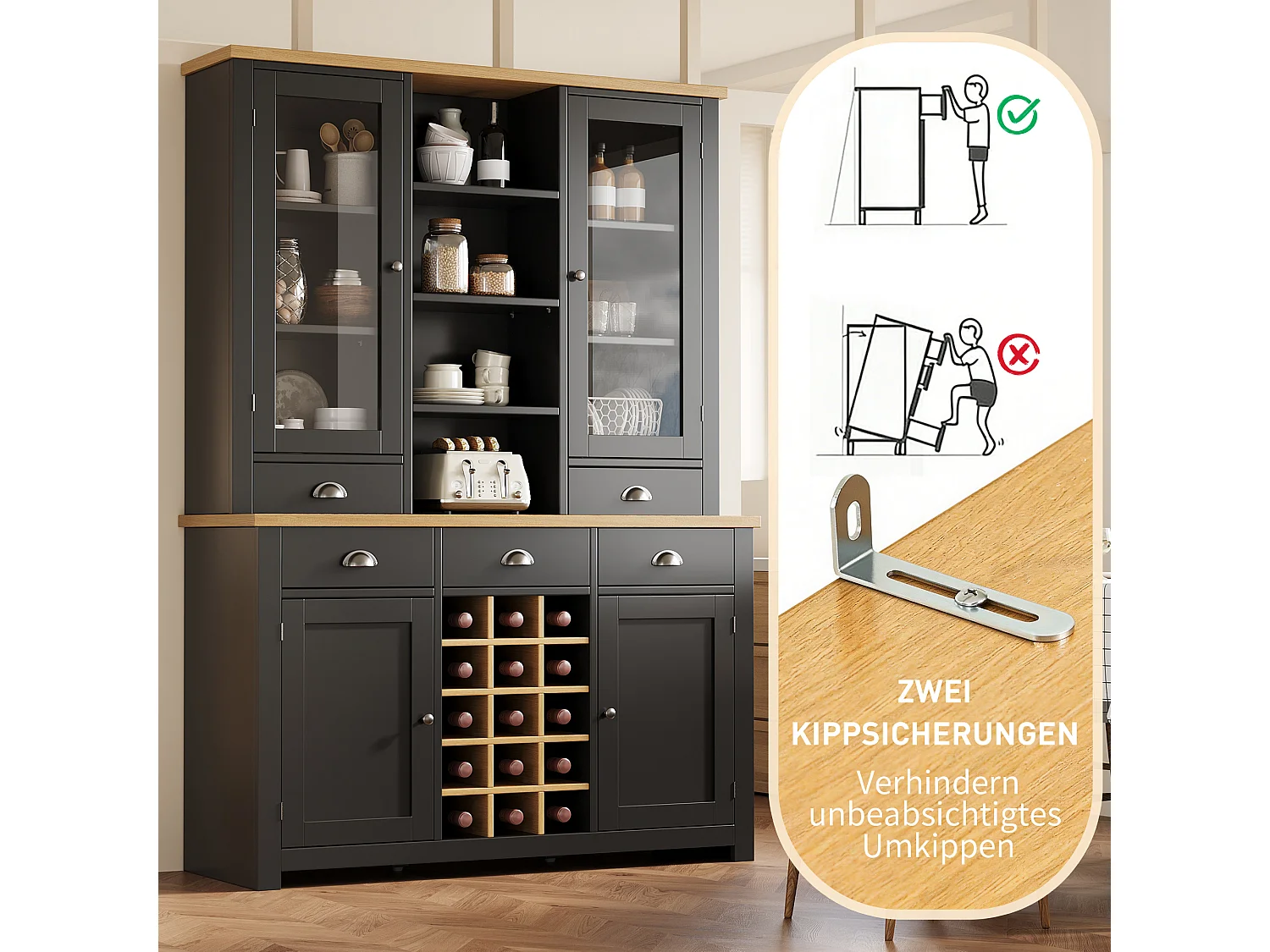 Credenza da cucina 120x185cm con 5 cassetti e portabottiglie rimovibile, armadio alto con anta in vetro - nero