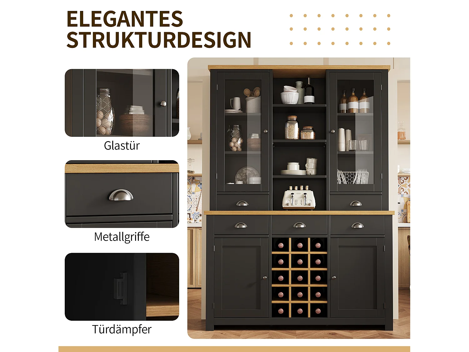 Credenza da cucina 120x185cm con 5 cassetti e portabottiglie rimovibile, armadio alto con anta in vetro - nero