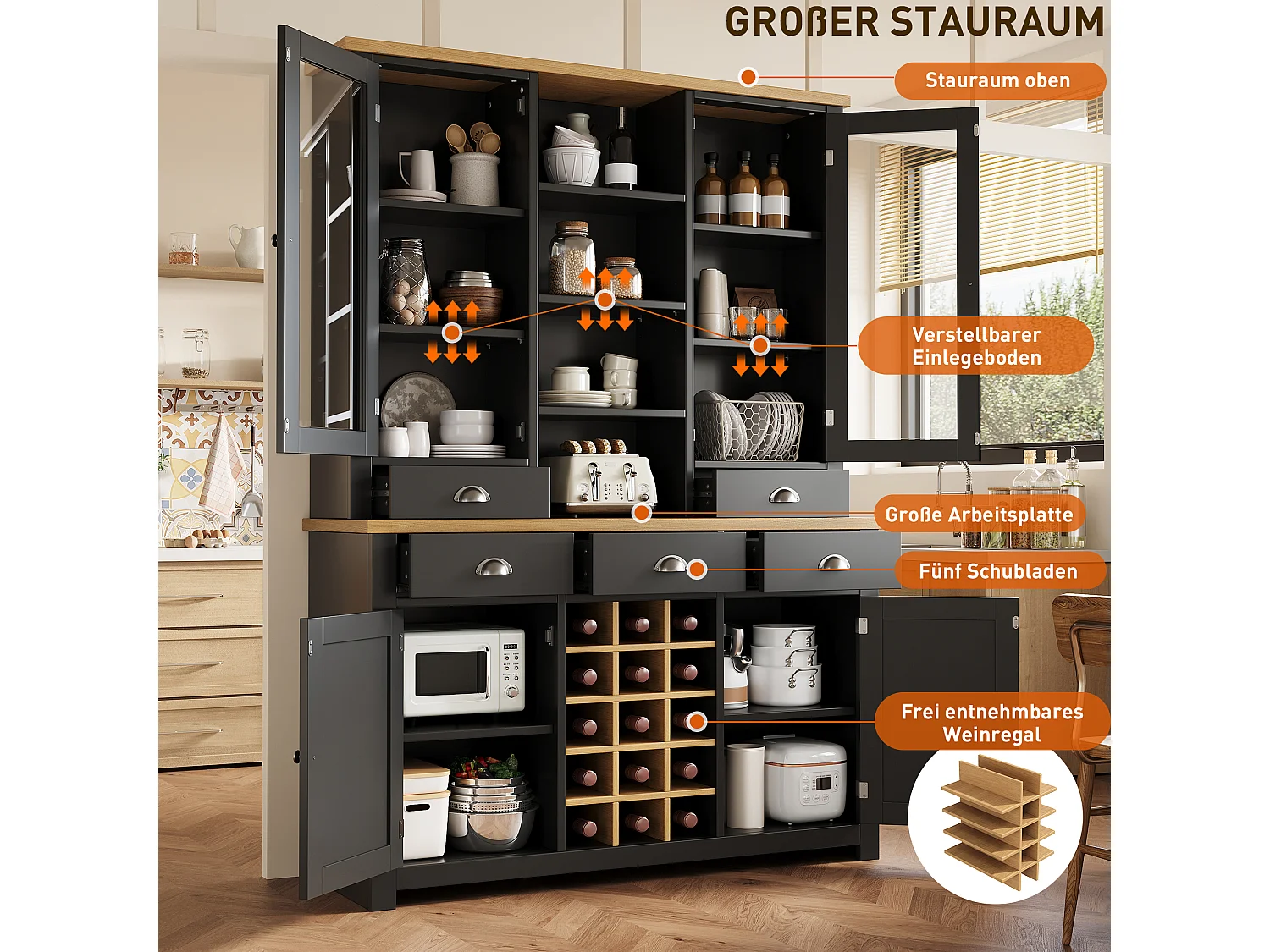 Credenza da cucina 120x185cm con 5 cassetti e portabottiglie rimovibile, armadio alto con anta in vetro - nero