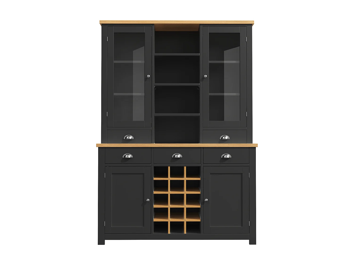 Credenza da cucina 120x185cm con 5 cassetti e portabottiglie rimovibile, armadio alto con anta in vetro - nero