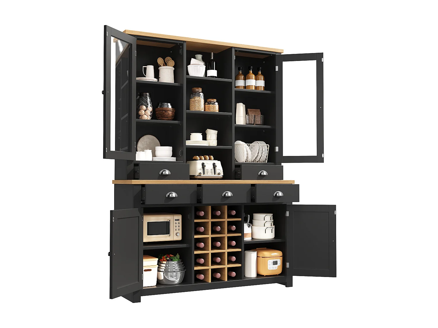 Credenza da cucina 120x185cm con 5 cassetti e portabottiglie rimovibile, armadio alto con anta in vetro - nero