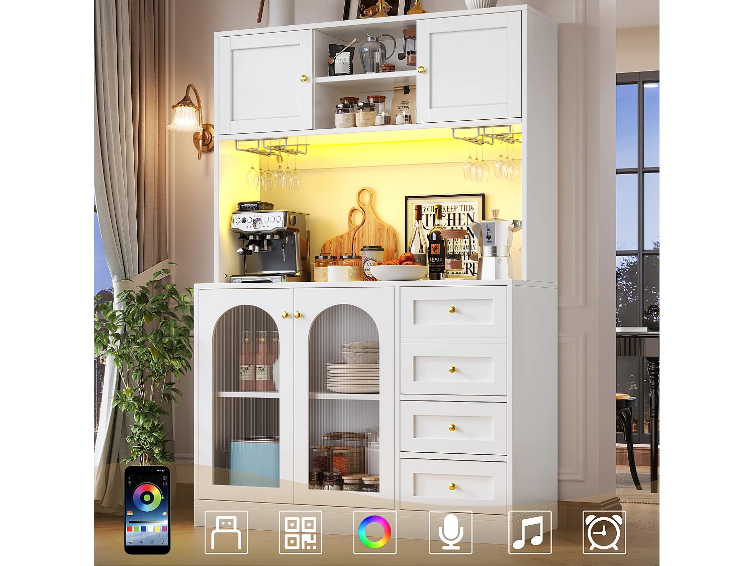 Credenza da cucina 120x188cm con LED, vetro scanalato, supporto per bevande e snack, 4 ante e maniglie dorate - bianco