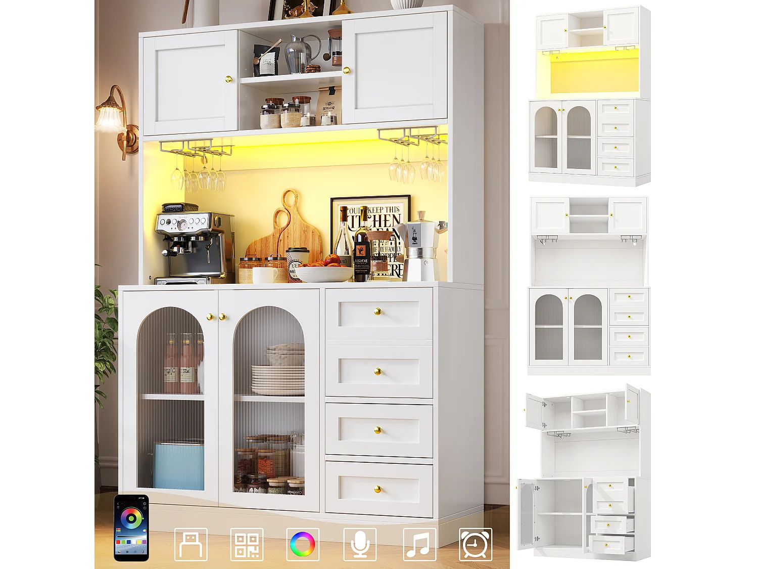 Credenza da cucina 120x188cm con LED, vetro scanalato, supporto per bevande e snack, 4 ante e maniglie dorate - bianco