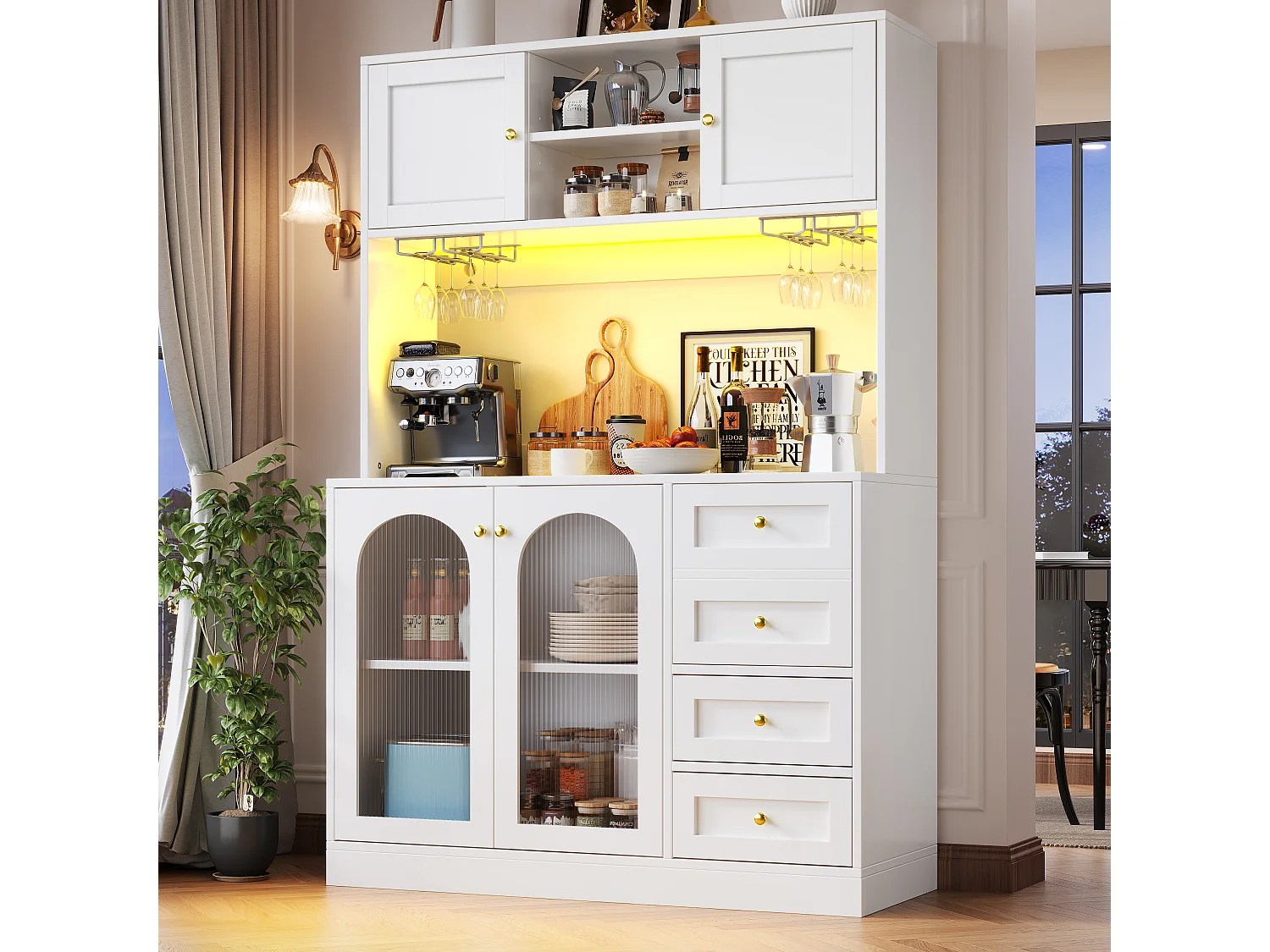 Credenza da cucina 120x188cm con LED, vetro scanalato, supporto per bevande e snack, 4 ante e maniglie dorate - bianco