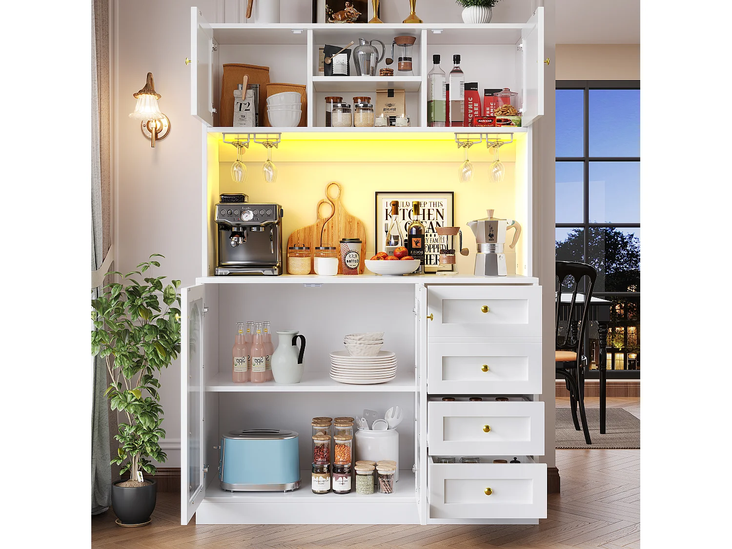 Credenza da cucina 120x188cm con LED, vetro scanalato, supporto per bevande e snack, 4 ante e maniglie dorate - bianco