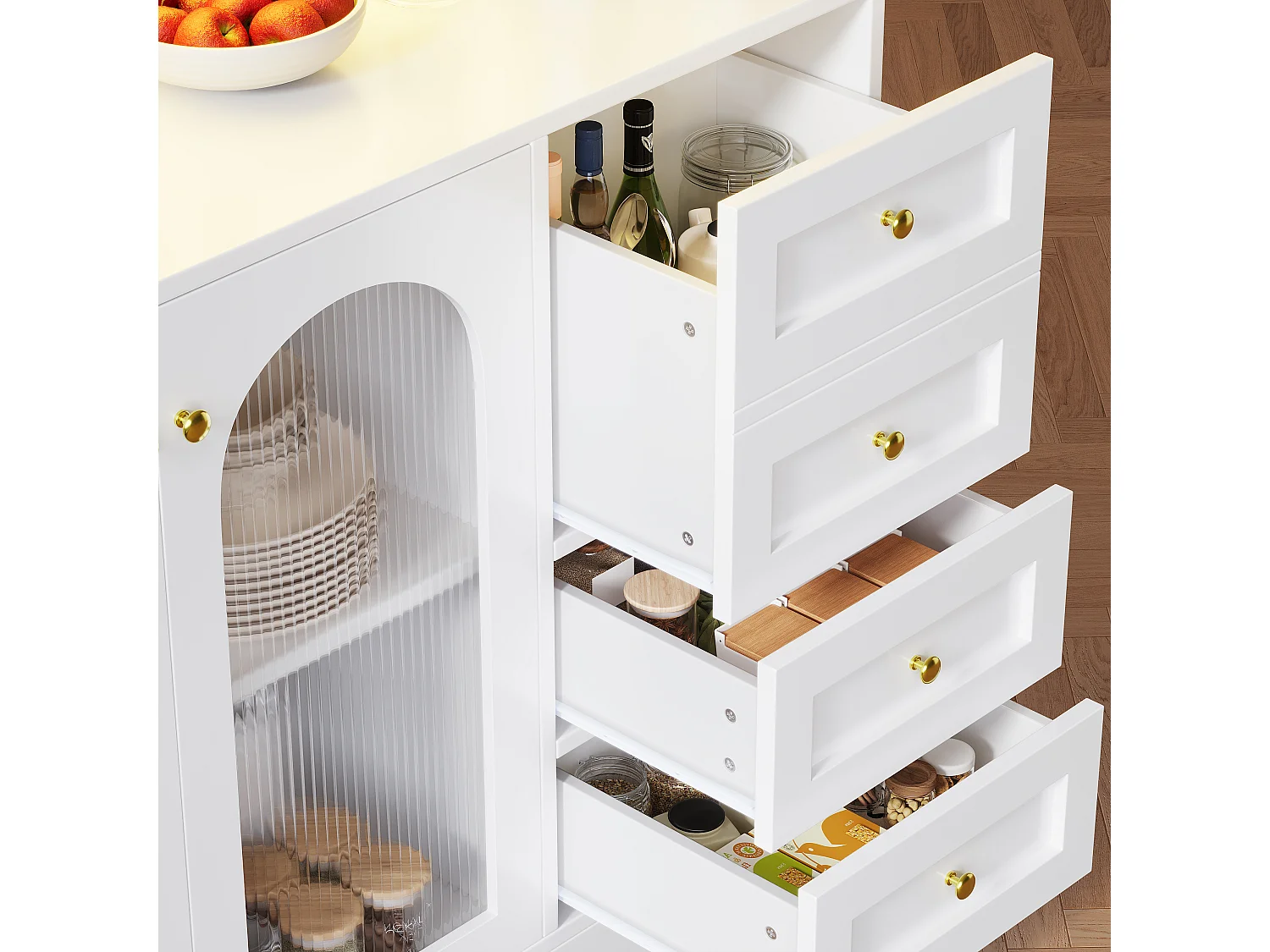 Credenza da cucina 120x188cm con LED, vetro scanalato, supporto per bevande e snack, 4 ante e maniglie dorate - bianco