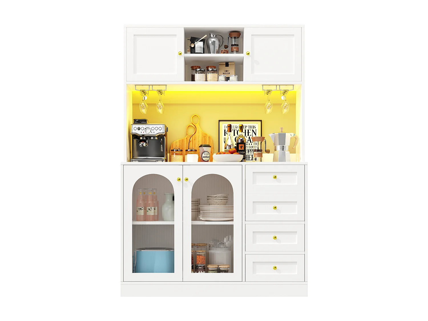 Credenza da cucina 120x188cm con LED, vetro scanalato, supporto per bevande e snack, 4 ante e maniglie dorate - bianco