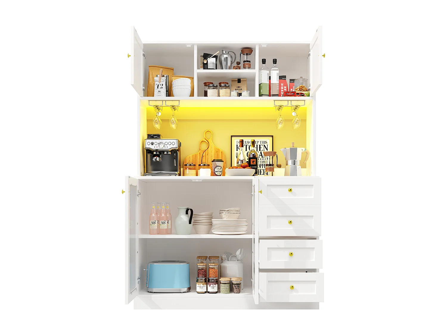 Credenza da cucina 120x188cm con LED, vetro scanalato, supporto per bevande e snack, 4 ante e maniglie dorate - bianco