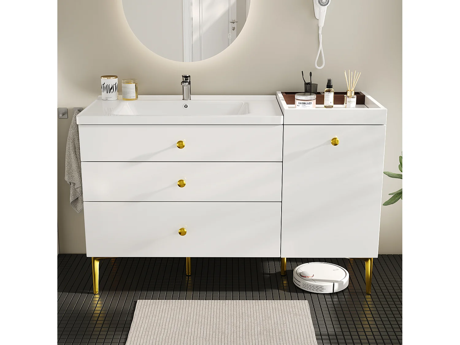 Mobile bagno 120cm con lavabo in ceramica, con cassetti organizzati e gambe in metallo dorato - bianco