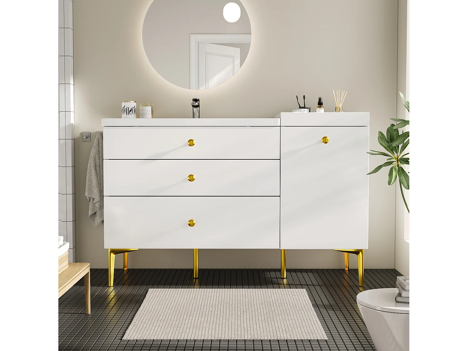 Mobile bagno 120cm con lavabo in ceramica, con cassetti organizzati e gambe in metallo dorato - bianco