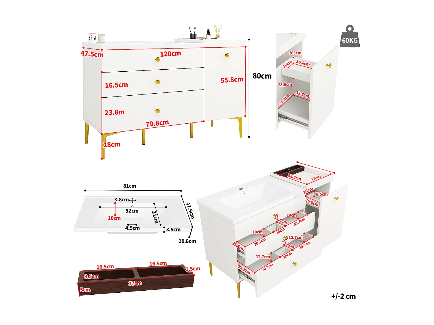 Mobile bagno 120cm con lavabo in ceramica, con cassetti organizzati e gambe in metallo dorato - bianco