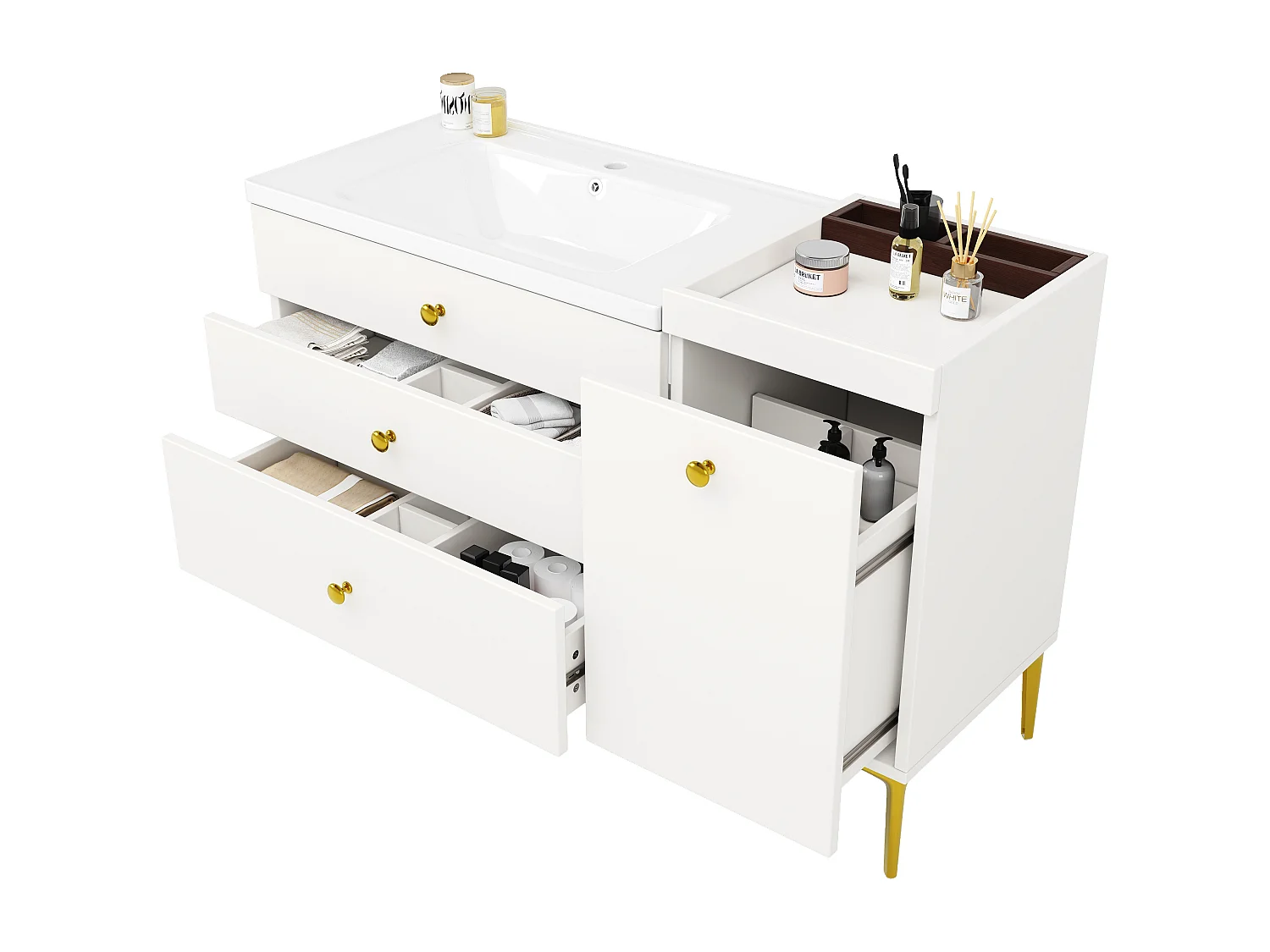 Mobile bagno 120cm con lavabo in ceramica, con cassetti organizzati e gambe in metallo dorato - bianco