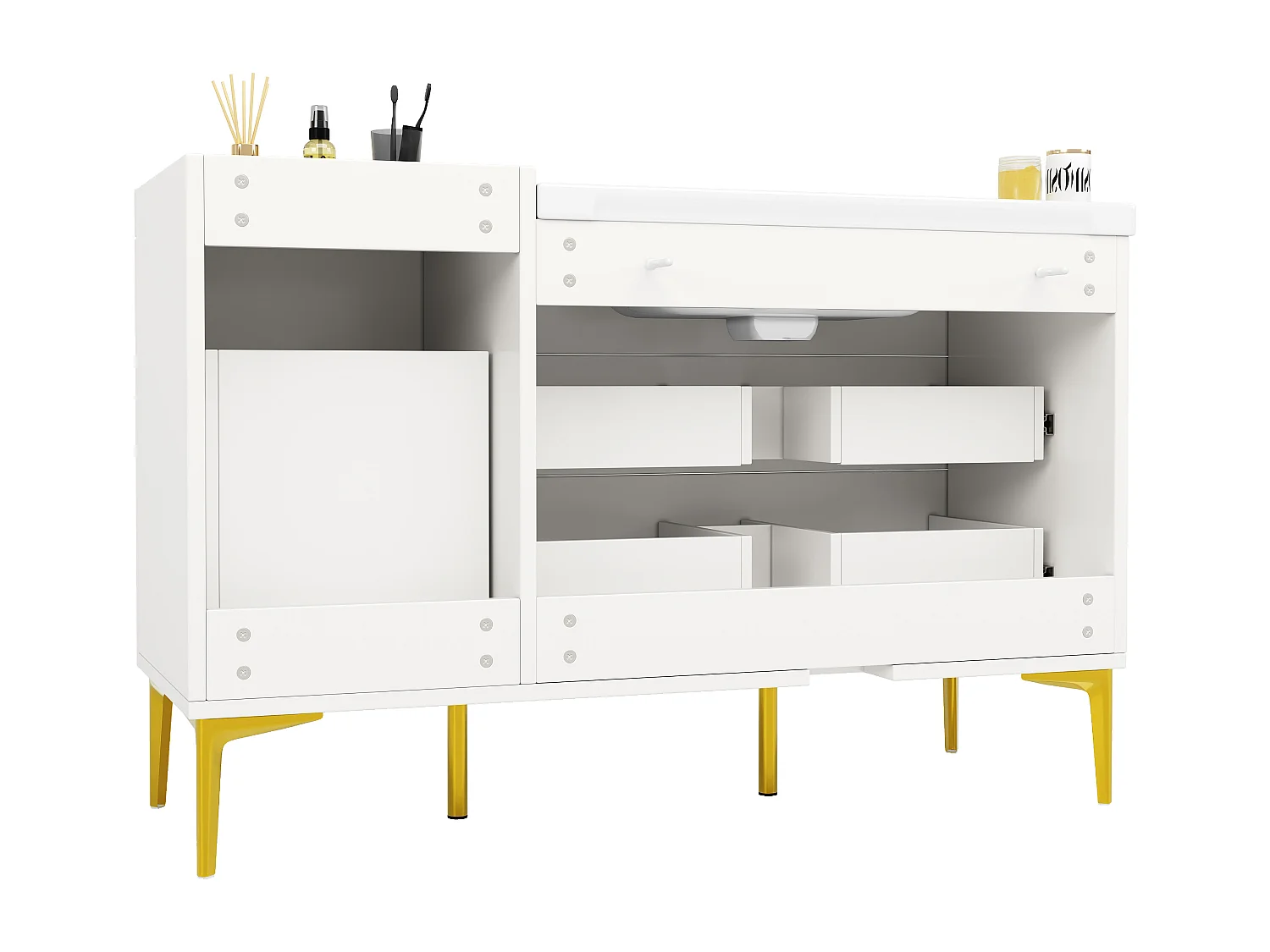 Mobile bagno 120cm con lavabo in ceramica, con cassetti organizzati e gambe in metallo dorato - bianco