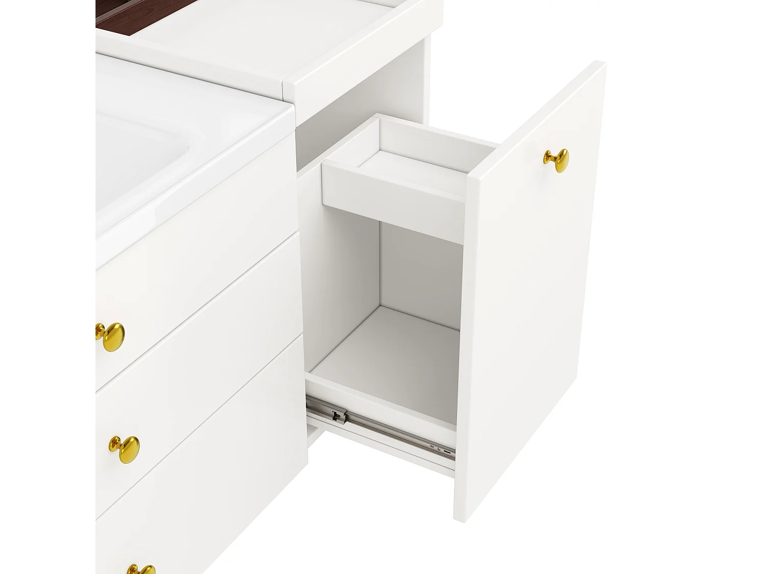Mobile bagno 120cm con lavabo in ceramica, con cassetti organizzati e gambe in metallo dorato - bianco