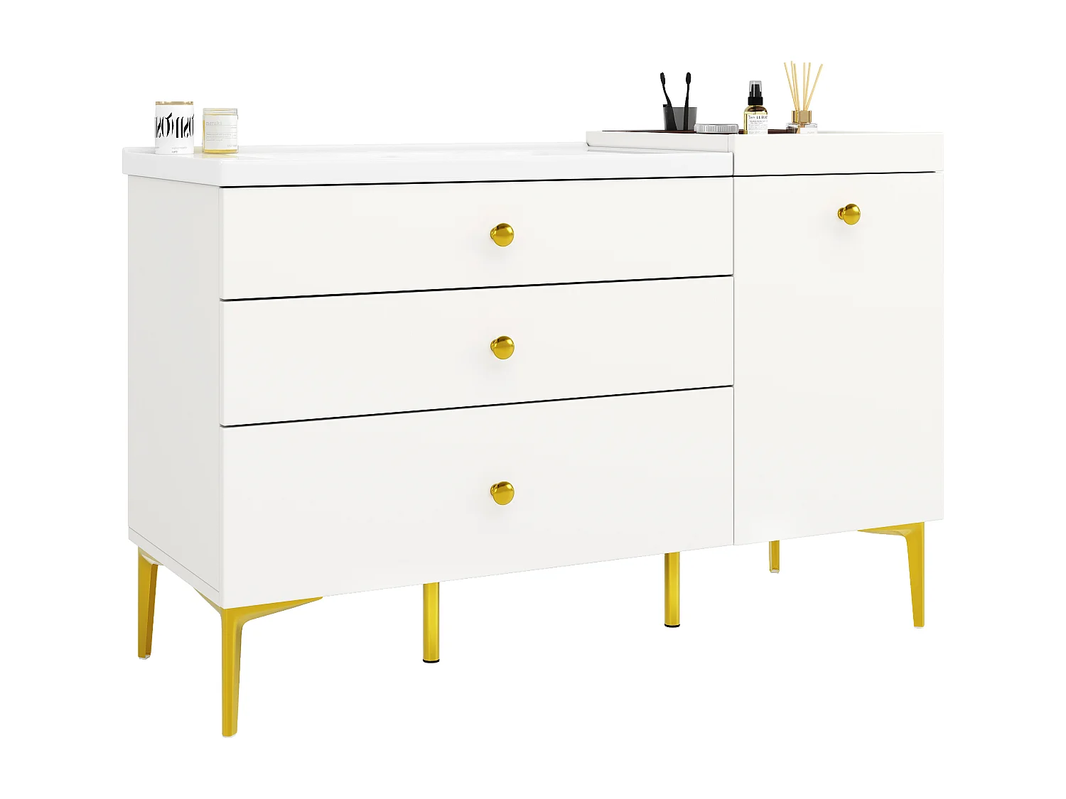 Mobile bagno 120cm con lavabo in ceramica, con cassetti organizzati e gambe in metallo dorato - bianco