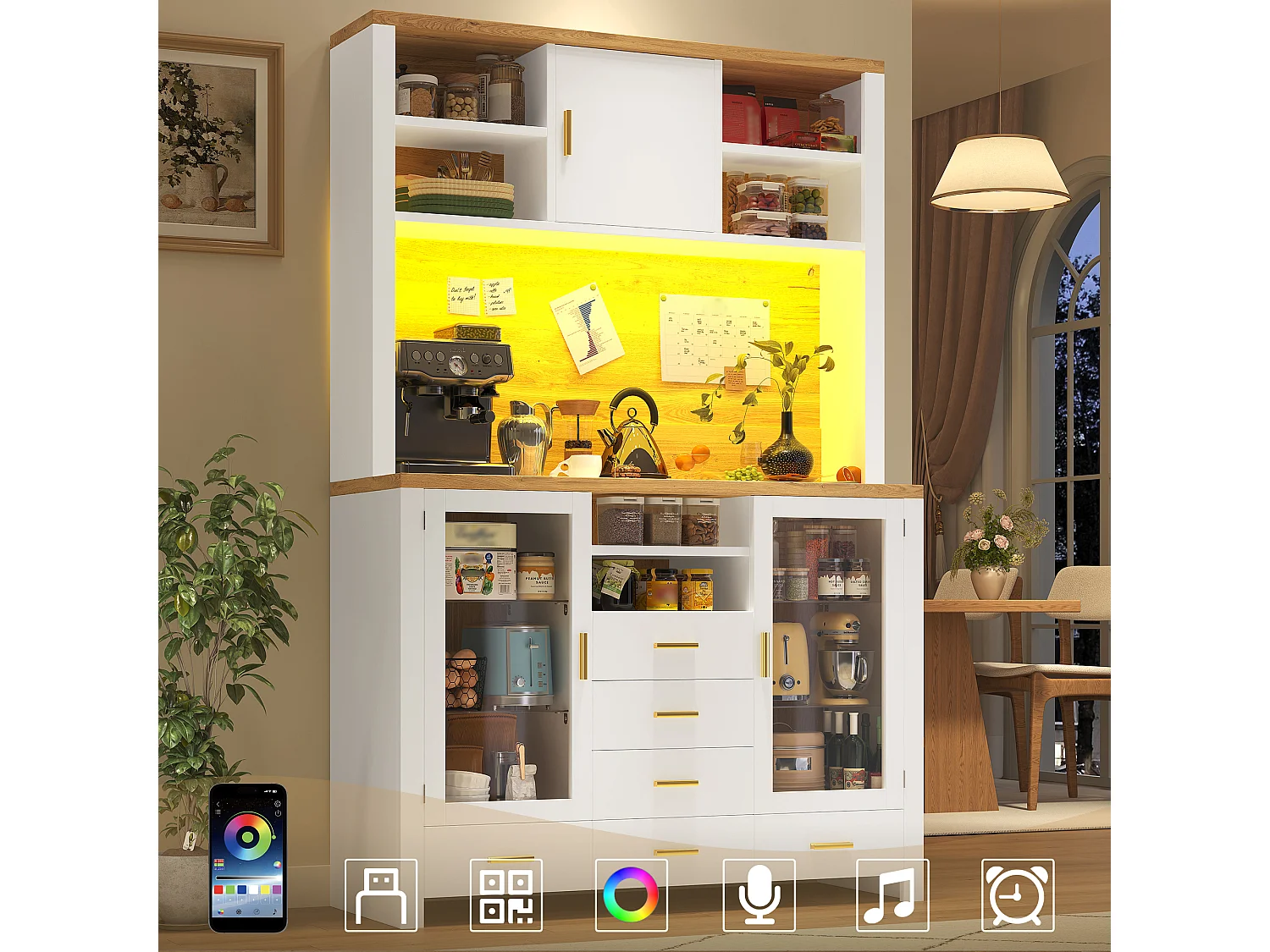 Credenza da cucina 120x188cm con LED, 6 cassetti e 3 ante, ripiani in vetro - bianco e legno