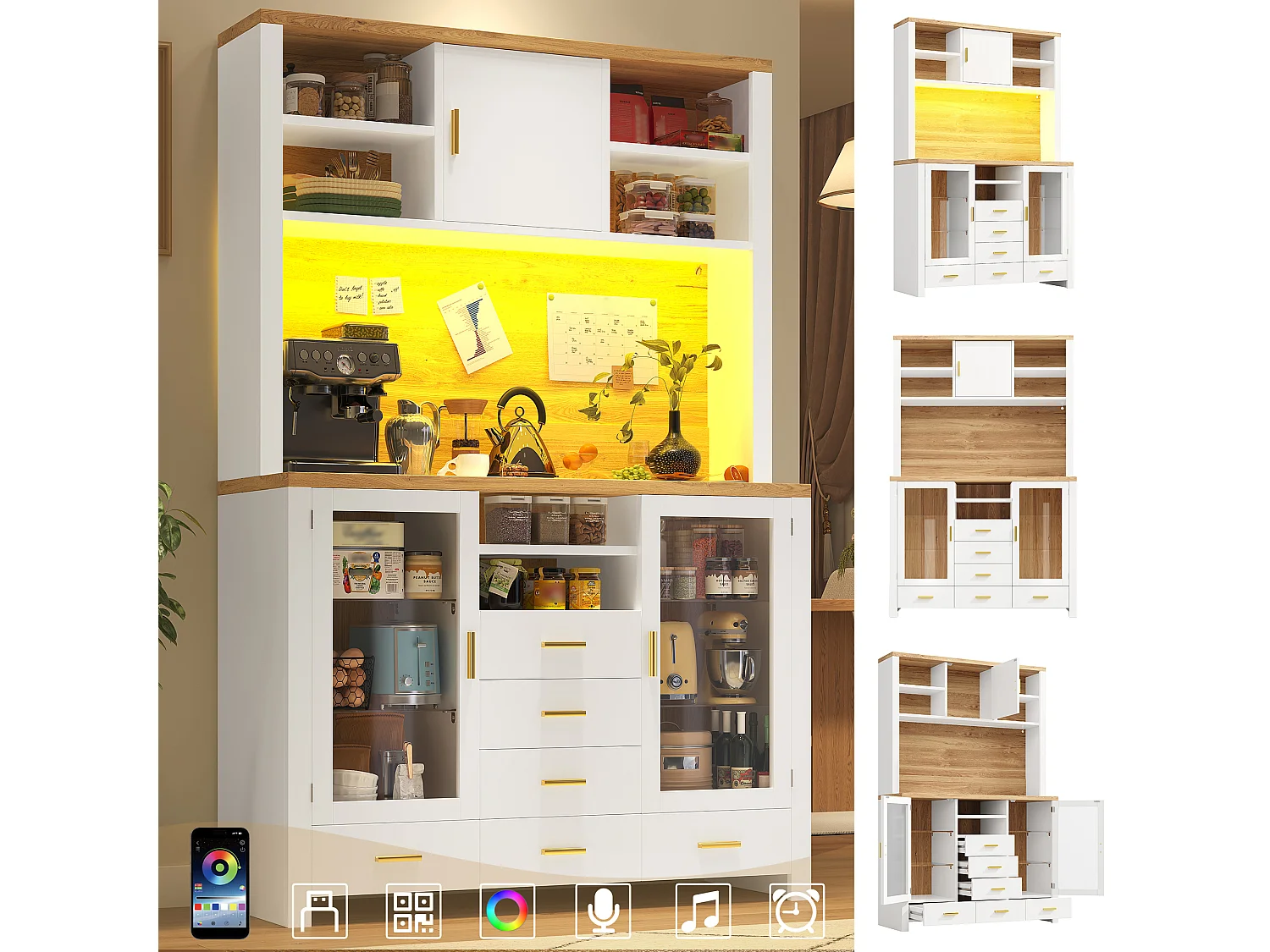 Credenza da cucina 120x188cm con LED, 6 cassetti e 3 ante, ripiani in vetro - bianco e legno