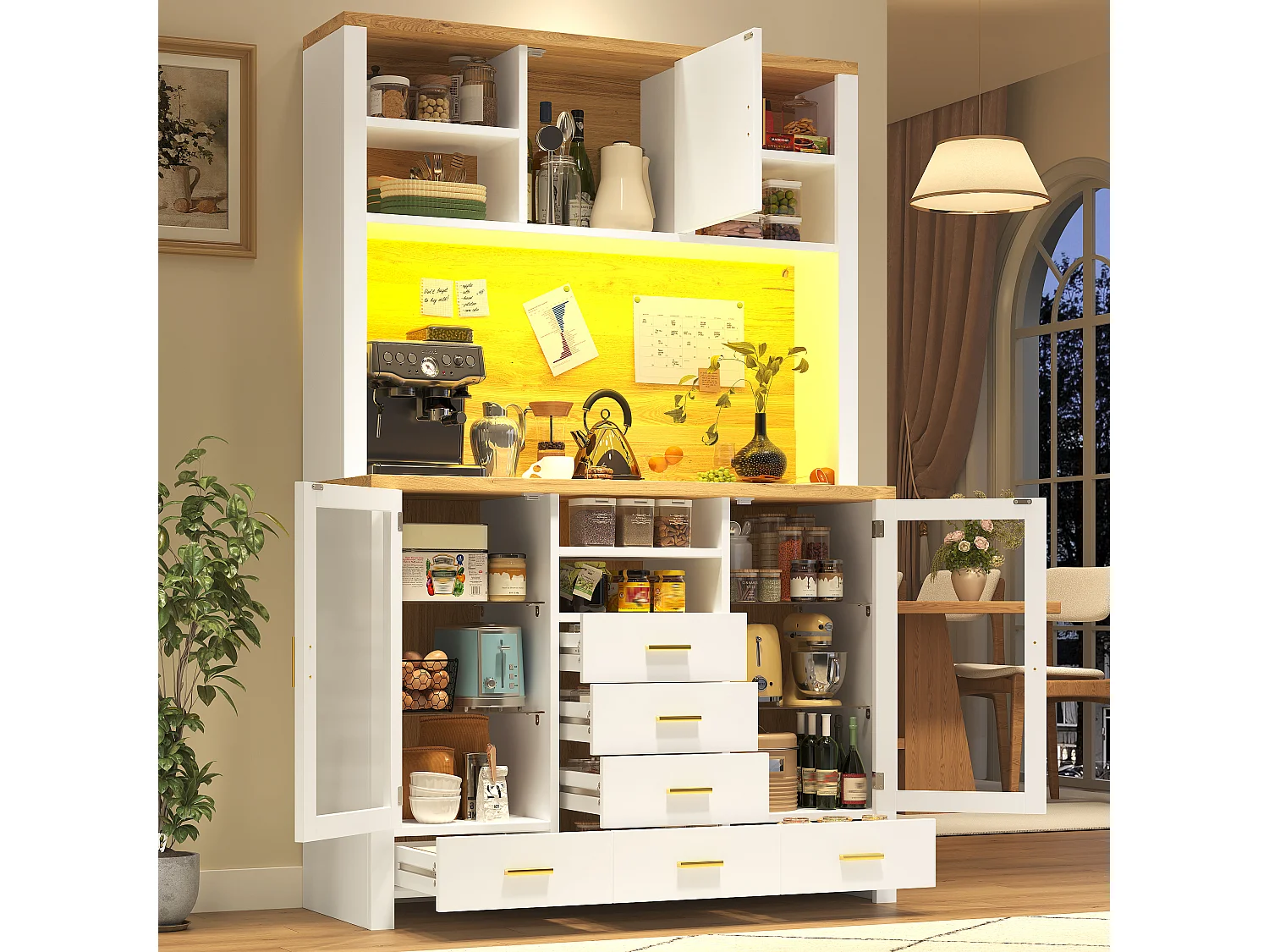 Credenza da cucina 120x188cm con LED, 6 cassetti e 3 ante, ripiani in vetro - bianco e legno