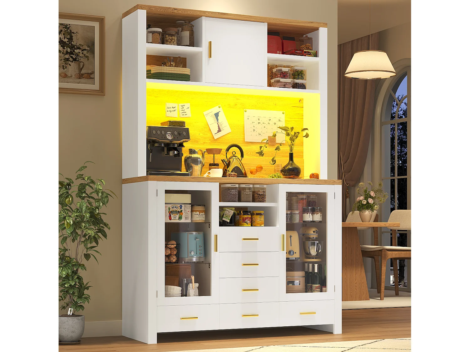 Credenza da cucina 120x188cm con LED, 6 cassetti e 3 ante, ripiani in vetro - bianco e legno