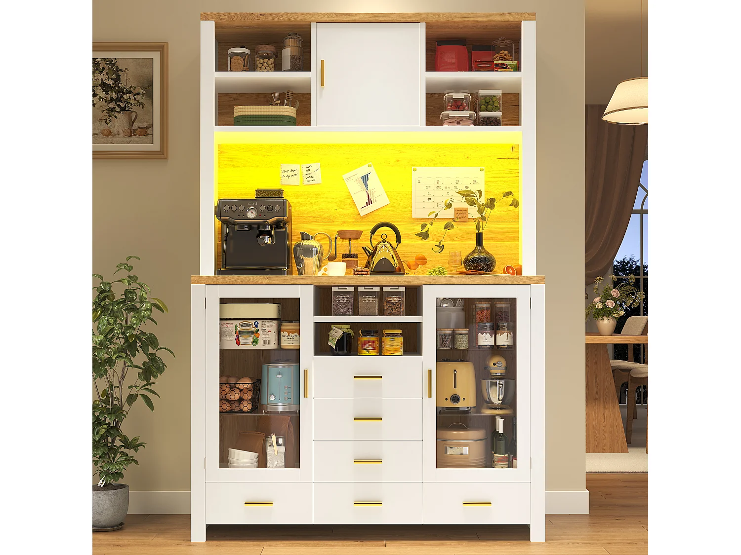 Credenza da cucina 120x188cm con LED, 6 cassetti e 3 ante, ripiani in vetro - bianco e legno